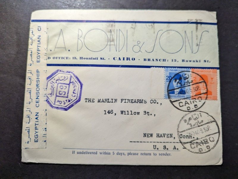 1940 Censored Egypt Cover Cairo to New Haven CT USA Marlin Firearms