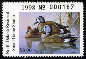 United States, Duck Hunting - State #ND75 Cat$10, North Dakota, 1998 $6 Blue-...