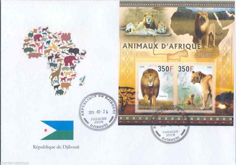 DJIBOUTI 2013 ANIMALS OF AFRICA  LIONS  SHEET OF TWO  FIRST DAY COVER