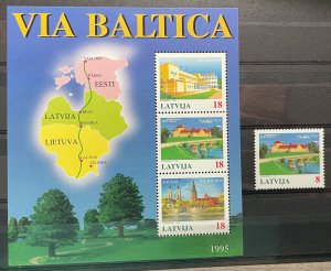 (2435L) LATVIA 1995 : Sc# 394-395 VIA BALTICA HIGHWAY PROJECT - MNH VF S/S+STAMP