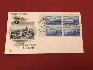 U.S. 1951 Detroit 250th Anniversary FDI Block of 4 Stamps Cover R42413