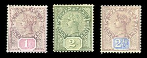 Jamaica #24-26 Cat$48.50, 1889-91 1p-2 1/2p, set of three, hinged