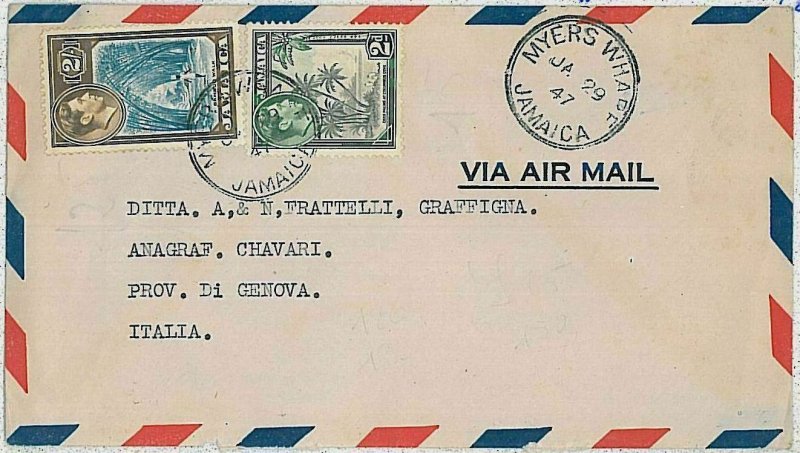 34875  - JAMAICA - POSTAL HISTORY - Airmail COVER:  MYERS WHARF to ITALY 1947