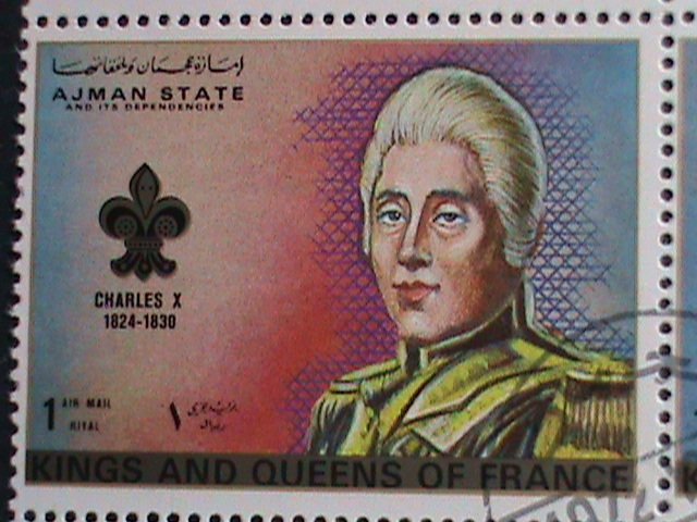 AJMAN STAMP-1972 KINGS AND QUEENS OF FRANCE -CTO SHEET VF-WITH SCOUT LOCO