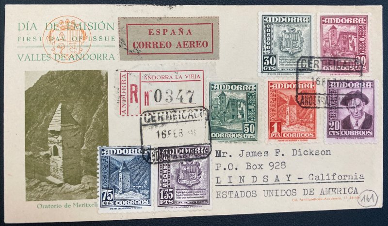 1948 Andorra First Day Airmail Cover To Lyndsay CA USA Valley Issue