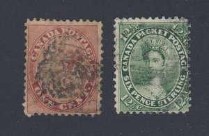 2x Canada 1st cents Used stamps;  #14-1c F #18-12 1/2c F Guide Value = $120.00