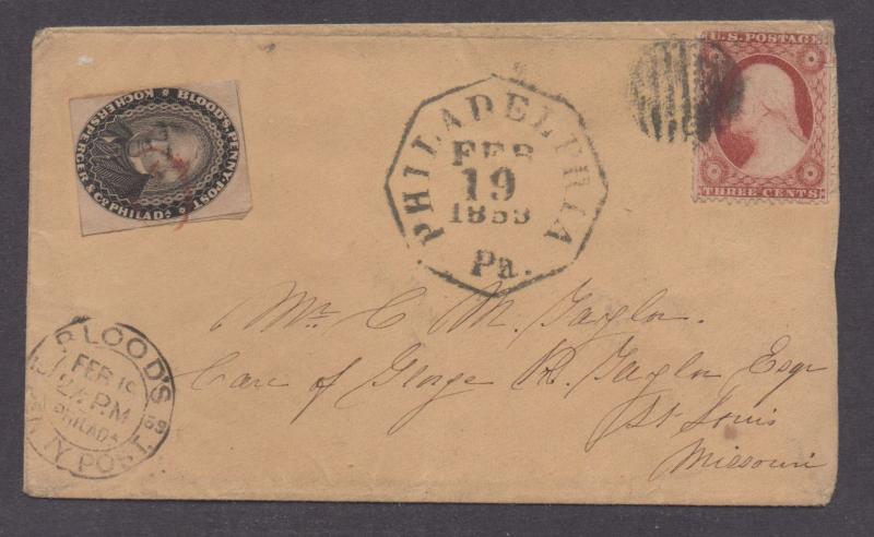 **US Local Cover SC# 15L18 + SC# 26 Bloods Penny Post Tied, 1859 CV $350.00