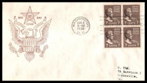 1938 Presidential series Prexy Sc 812-6a Jackson FDC Fidelity cachet block 4 (BG