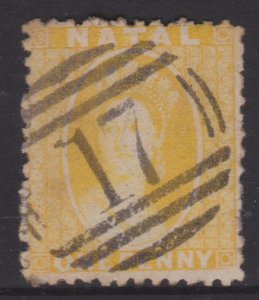 Natal QV 1p Yellow Revenue with what appears to be a forged postal cancel