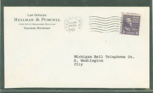 US 842 1954 a miscut partial plate number line single 3c Jefferson prexy coil paid the first class rate from and sent within Sag