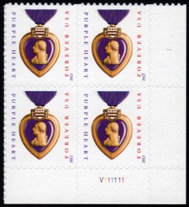 SC#4704 (Forever) Purple Heart Plate Block: LL #V111111 (2012) SA