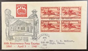 894 Cachet Craft/Heyl cachet  Pony Express FDC 1940 w/Block of 4