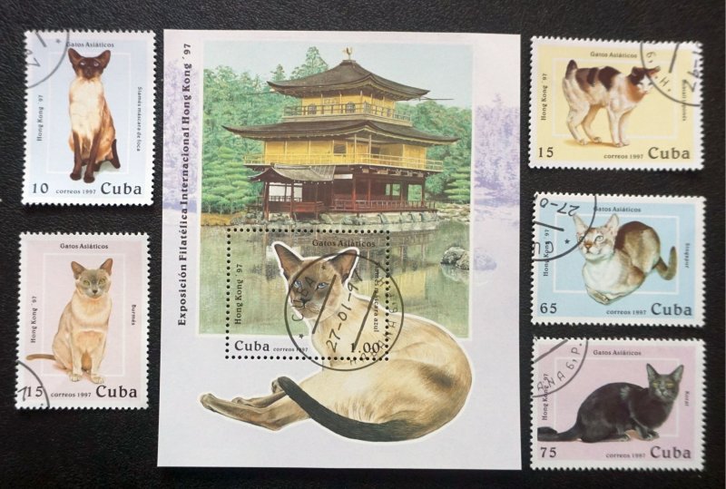 CUBA Sc# 3800-3805 CATS CATS CATS Hong Kong Philex CPL SET of 5 + 1 SS 1997 used