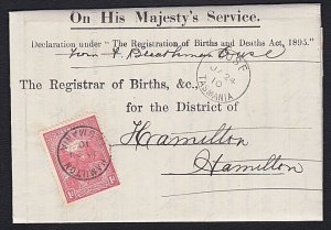 TASMANIA 1910 Birth notice OUSE cds to Hamilton T perfin 1d Pictorial......B1785