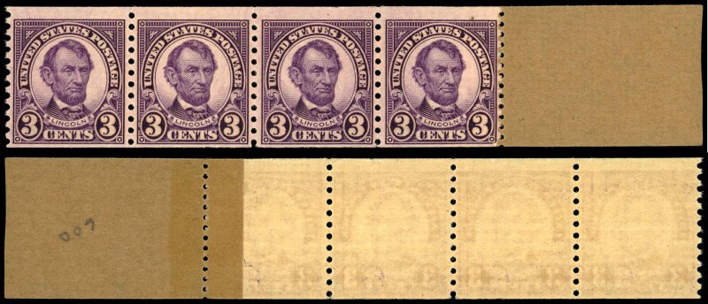US Sc 600 F-VF/MNH STRIP of 4 with attached Coil End Paper - 1924 3¢ Lincoln