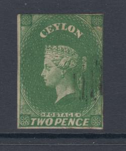 Ceylon Sc 4a used 1857 2p yellow green imperf QV, margins wide to touching