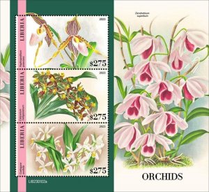 Liberia - 2023 Orchid Flowers on Stamps - 3 Stamp Sheet - LIB230102a