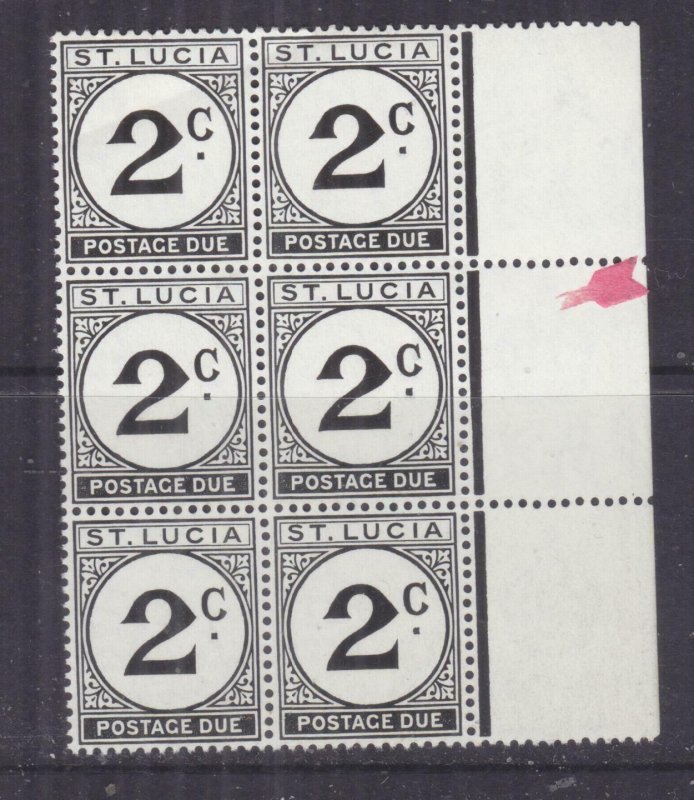 St. LUCIA, POSTAGE DUE, 1952, 2c St. EDWARD'S CROWN watermark in block of 6, mnh 