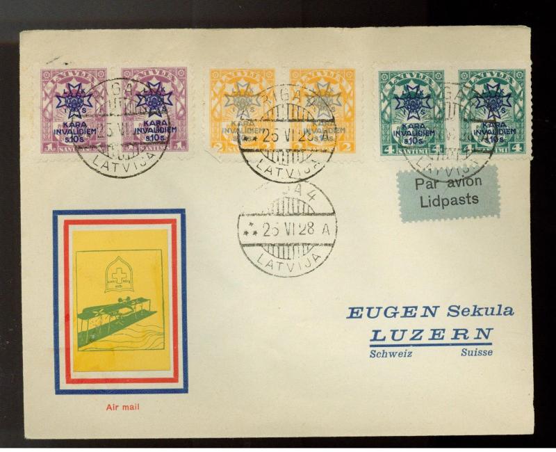 1928 Riga Latvia Airmail cover to Switzerland Complete set pairs # B21-B23