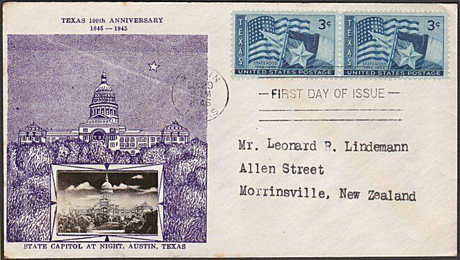 USA 1945 CROSBY photo FDC to New Zealand - 3c Texas........................55564