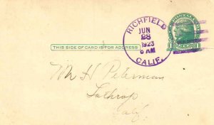 United States California Richfield 1923 violet 4c-bar  1912-1964  Postal Card.