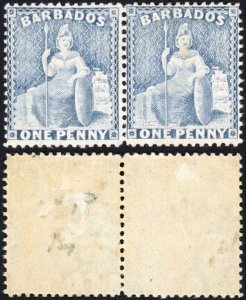 Barbados SG74 1d Dull Blue Wmk CC M/M Perf 14 PAIR Cat 280