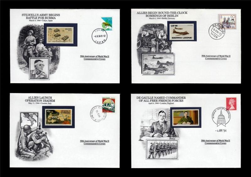 WWII 1944 Danbury 1994 CTO 4 Covers Burma Air Bombings France GB Italy #W90