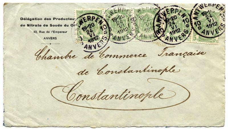 Belgium 5c (5) used to Constantinople, Turkey, 1912