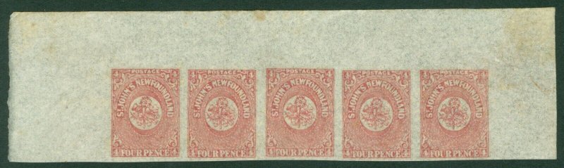 SG 18 Newfoundland 1862-64. 4d rose-lake. Unmounted mint top of sheet...