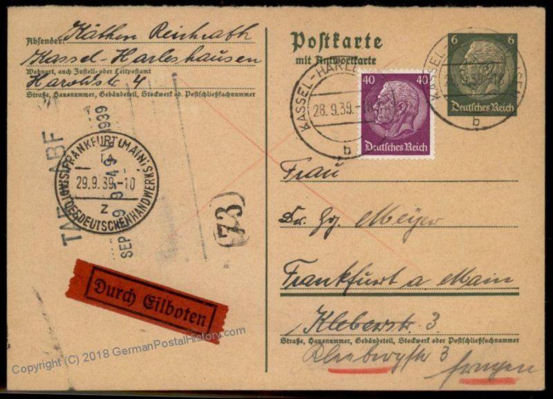 Germany Hindenburg Reply Card GS Frankfurt Rohrpost Pneumatic Mail Cover 66518