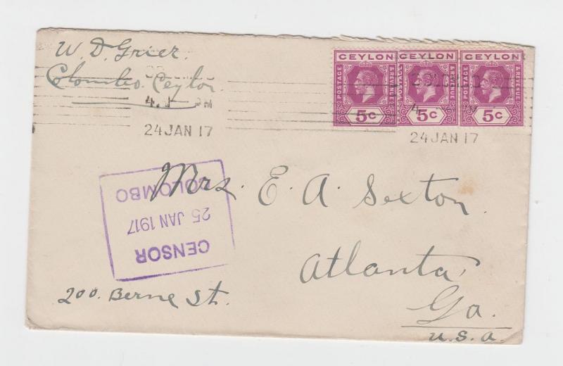 CEYLON -USA 1917 CENSOR (TYPE 8) COVER 15c RATE (SEE BELOW)