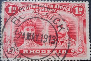 Rhodesia Double Head 1d p15 with BUSH TICK with broken 2 at base (DC) postmark