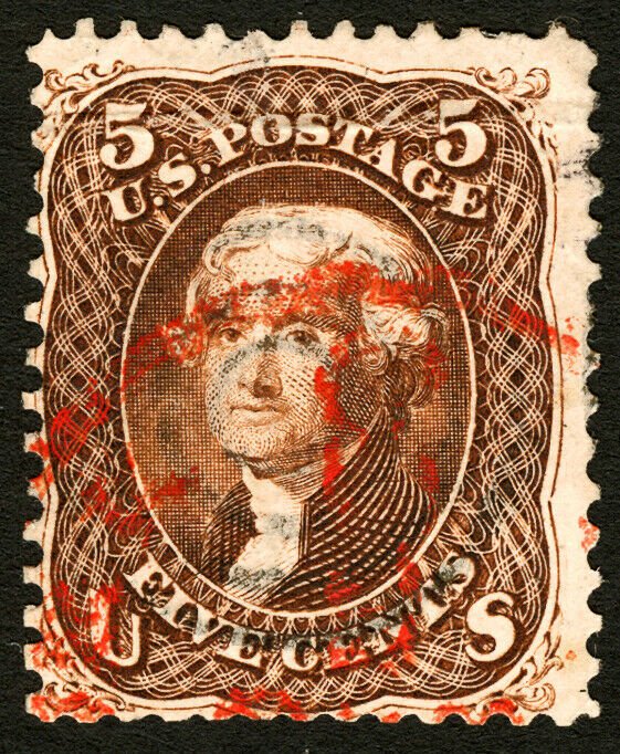 #76 1861-1866 5c Brown Used with Peekaboo Red Cancel