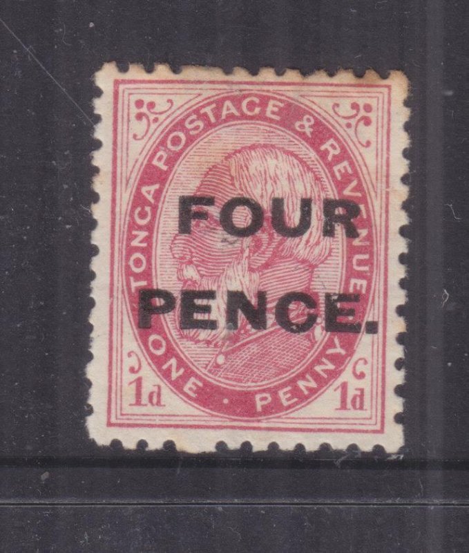 TONGA, 1891 FOUR PENCE on 1d. Carmine, heavy hinged.