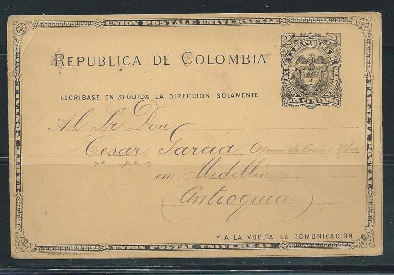 Colombia Postal  Stationery Postcard H&G #13 Used 1893