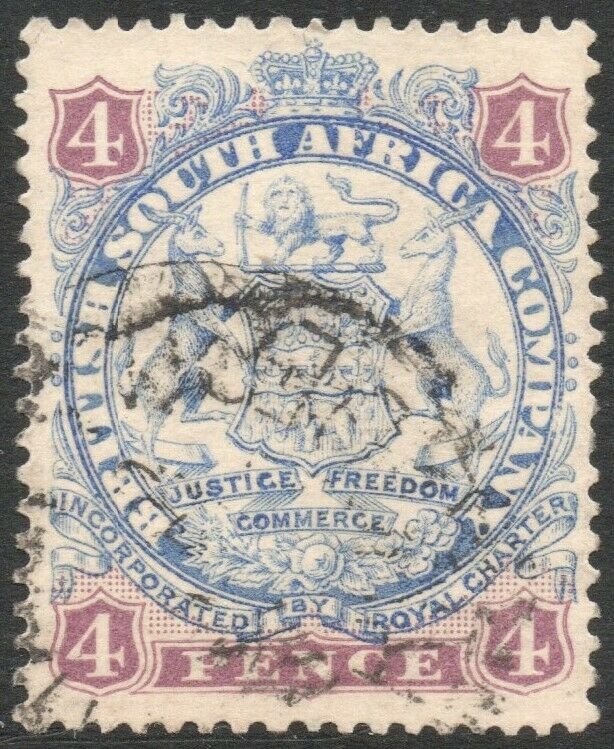 RHODESIA-1896-97 4d Blue & Mauve Sg 32b FINE USED V37871