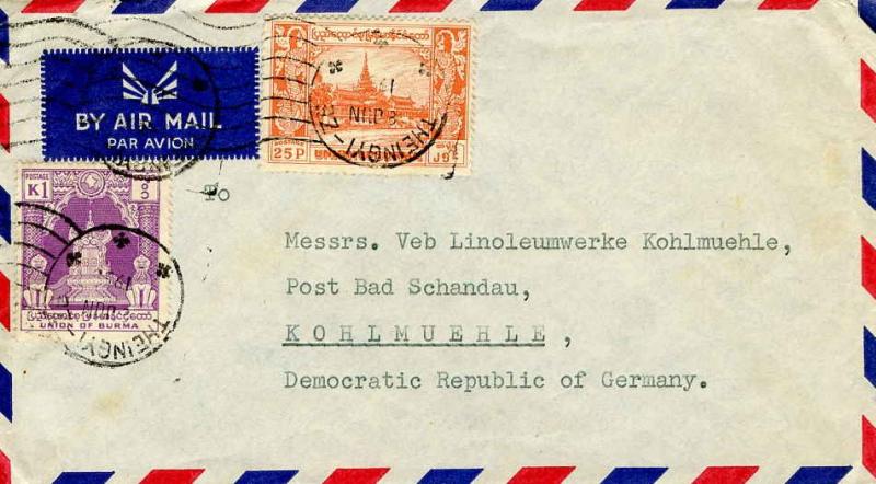 Burma 25p Royal Palace and 1K Throne 1956 Theingyi-Ze Airmail to Kohlmuehle, ...