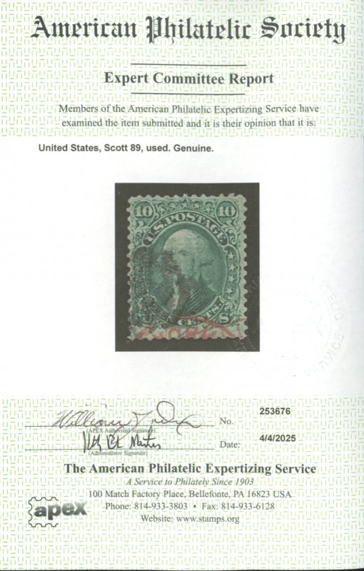 U.S. #89 USED WITH APS CERT