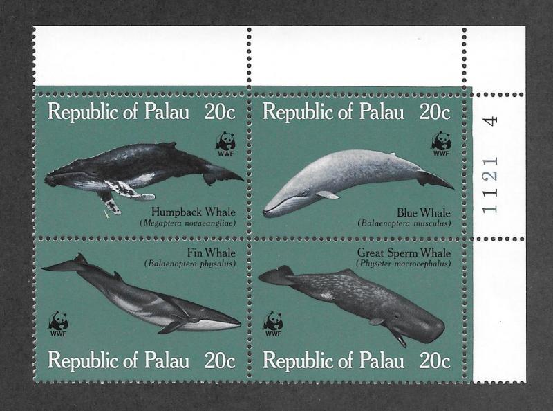 PALAU #27a7 MNH Plate Block of 4 Whales 2017 SCV $6.50+