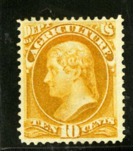 US Stamps # O5 10c Agriculture XF OG HINGED Yellow Shade Rare With Pfc Choice