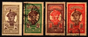 Martinique Scott 217 - 218 used w/the red/black 10 value with creased corner ...