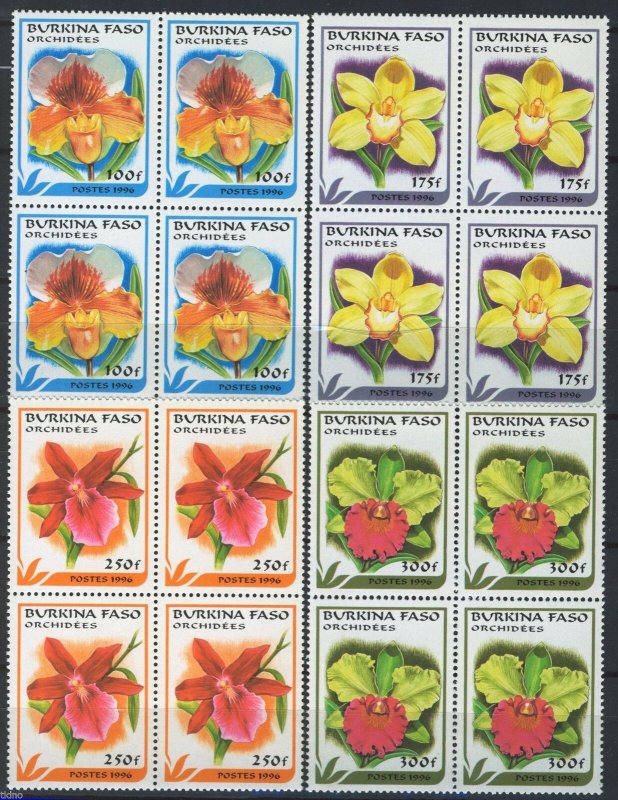 Burkina Faso 1996, Flowers, Orchids full set in blocks MNH, Mi 1423-26 cat 28€