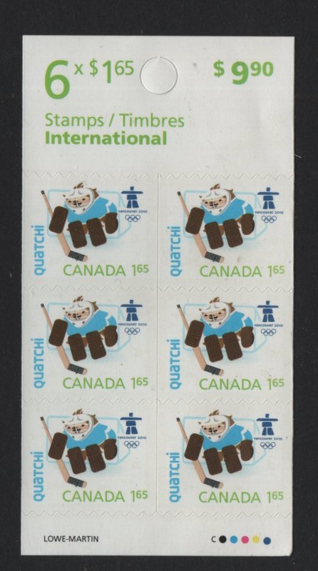 Canada  #2313a  MNH  2009 booklet pane of 6 , winter Olympics  Quatchi ,  mascot