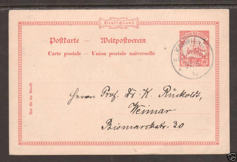 German New Guinea H&G 9 used 1910 10pf Postal Card to Weimar, Germany