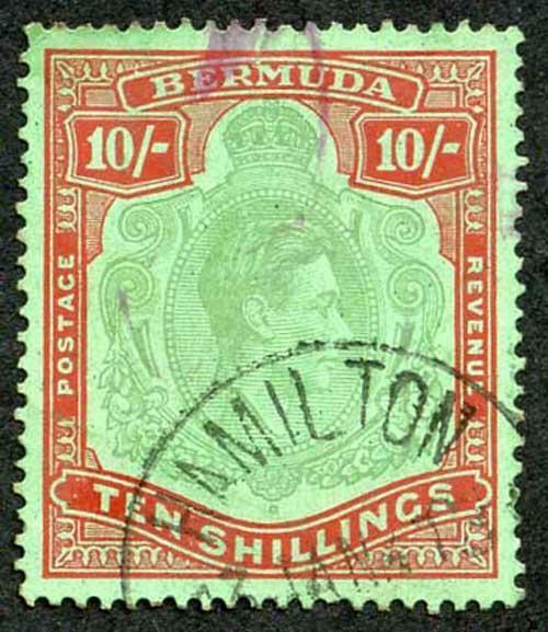 Bermuda SG119a KGVI 10/- Bluish Green and Deep Red/green Perf 14