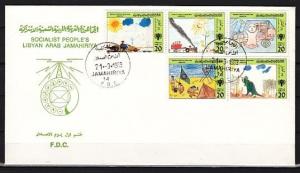 Libya, Scott cat. 1096 A-E. Year of Child. First day cover. Scouts & Dino. ^