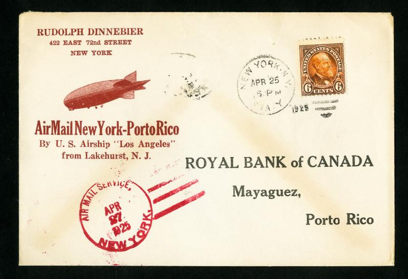 US Stamps XF Zeppelin Flight Cover Lakehurst To Los Angles To Puerto Rico 1925