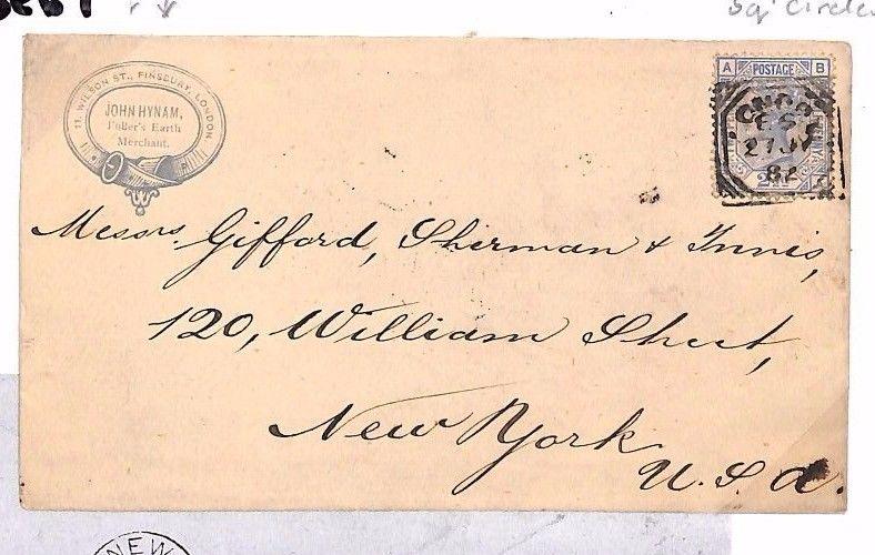 BE67 GB ADVERT Cover 1882 *FULLER'S EARTH* Squared Circle Transatlantic Mail USA