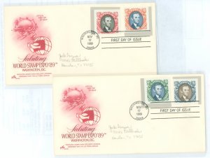 US 2433a-d 1989 four stamps cut from World Stamp Expo Souvenir sheet Re-united on two pencil-addressed FDCs with matching Artc