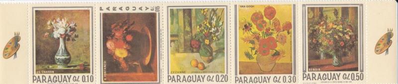 Paraguay # 1027, Still Life Paintings, Flowers Strip of 5 NH